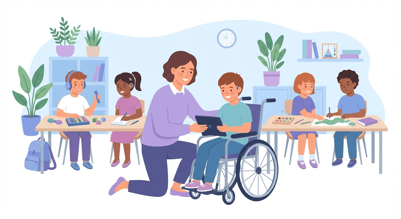 Special education teacher helping diverse students in an inclusive classroom